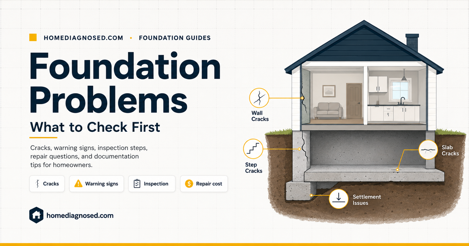 Cutaway house illustration showing wall cracks, stair-step cracks, slab cracks, and settlement issues.