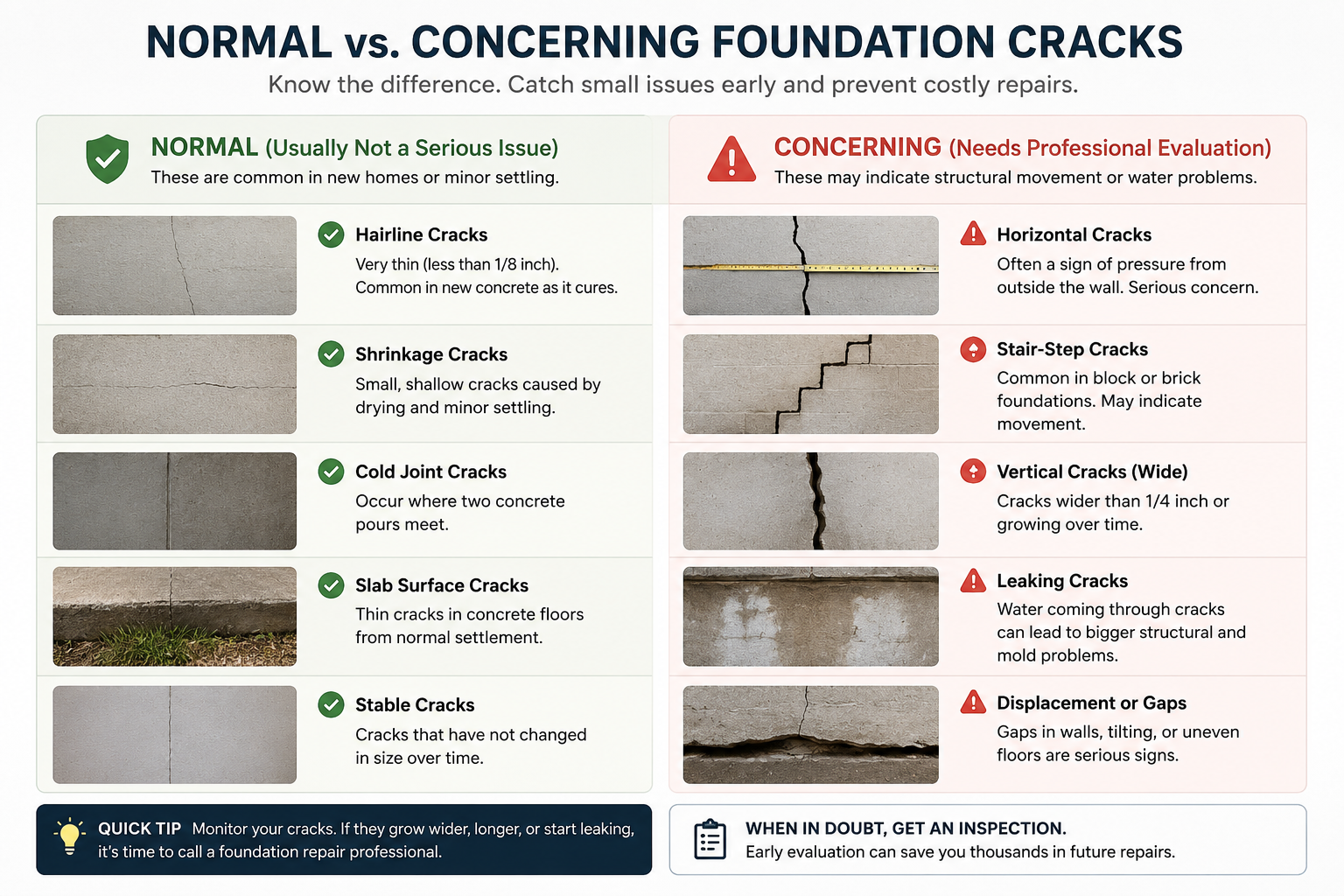 Infographic comparing commonly monitored foundation cracks with crack patterns that may warrant professional evaluation.