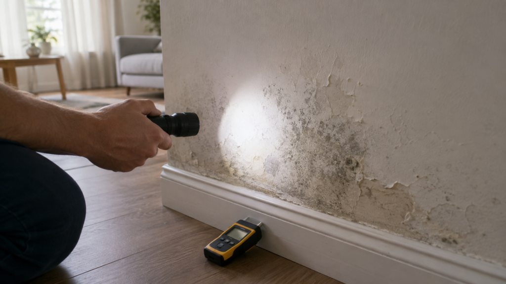 How to detect mold in a home by checking a damp wall for signs of mold That's descriptive and includes the primary topic naturally without stuffing.