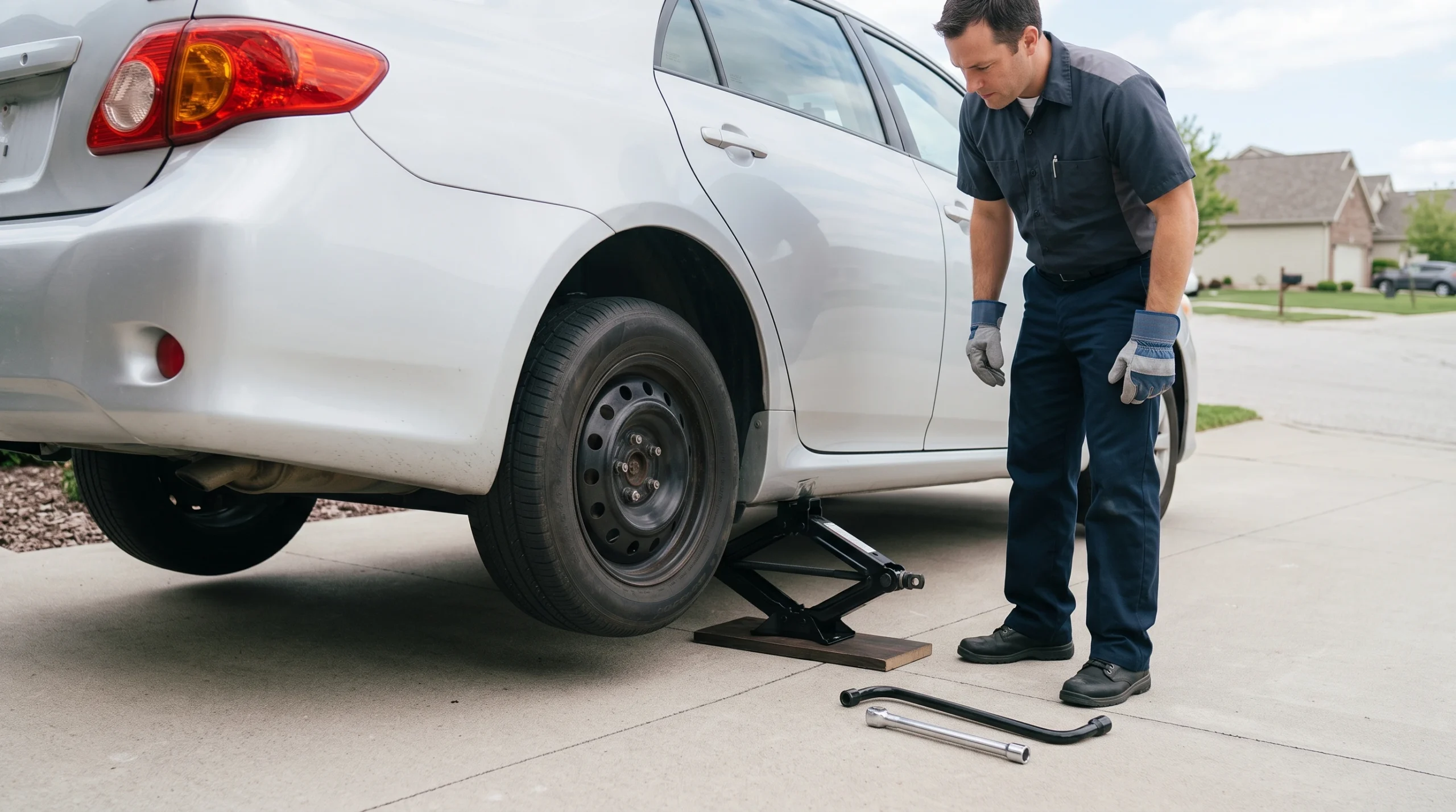 Car raised on a scissor jack with the flat tire a few inches off the driveway