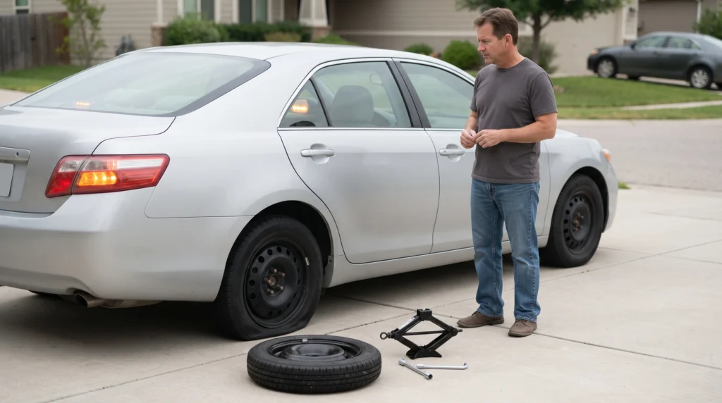 Silver sedan on a driveway with the spare, jack, and lug wrench out before a tire change