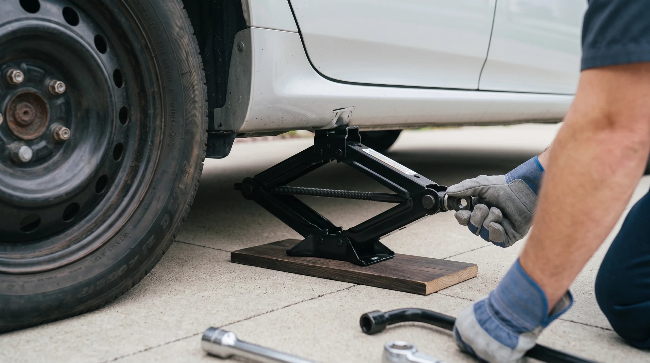 Scissor jack placed under the pinch weld, with a board under the jack