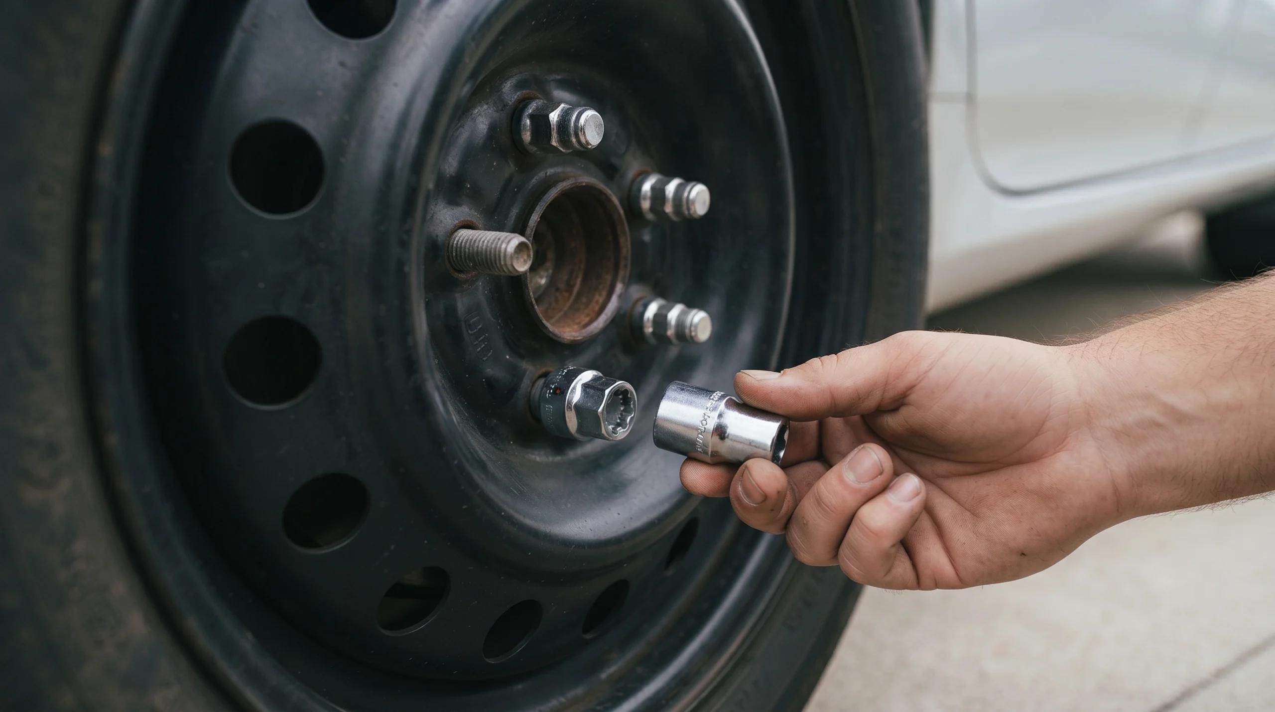 Locking lug nut key held next to the odd lug nut on a steel wheel