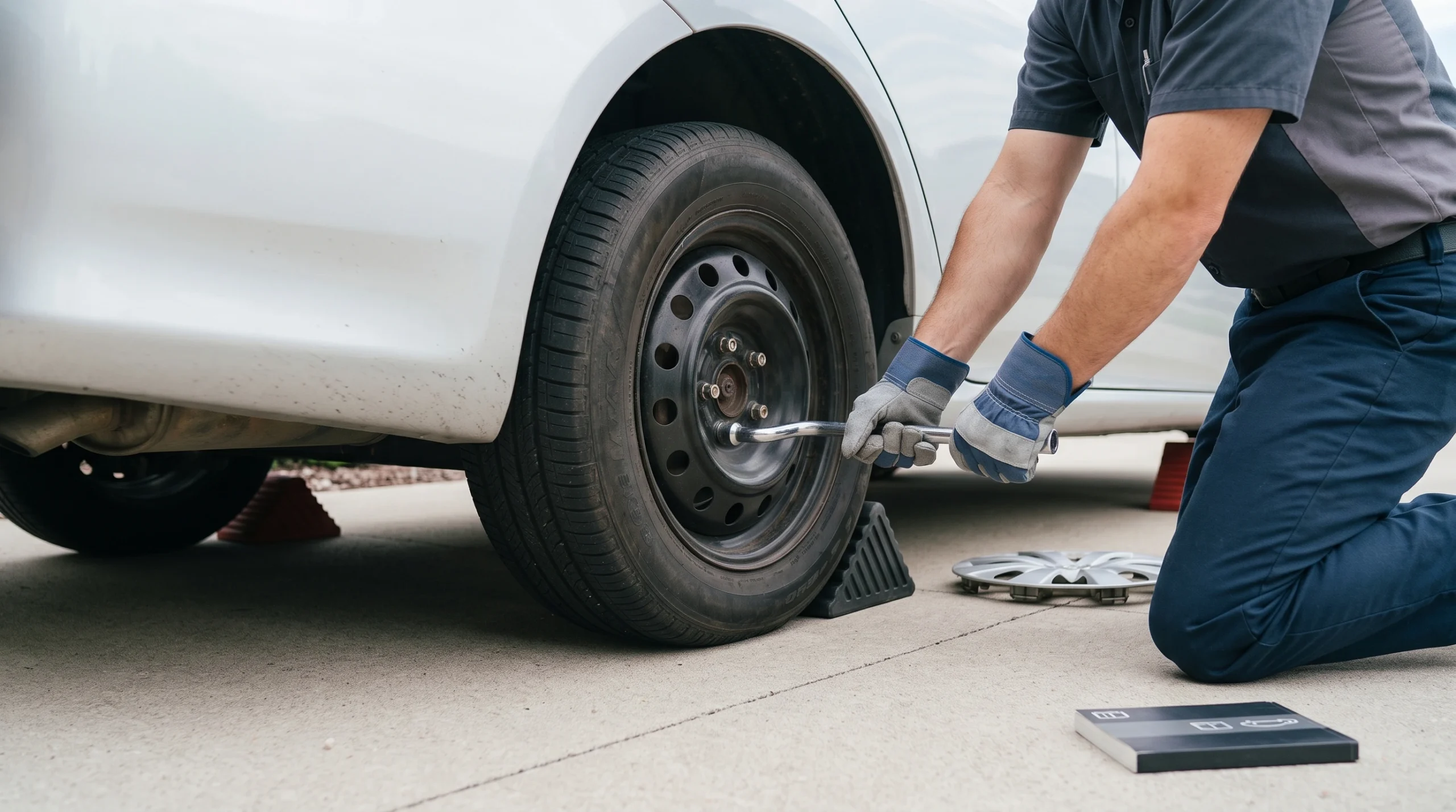 Loosening a lug nut with the wheel still on the ground