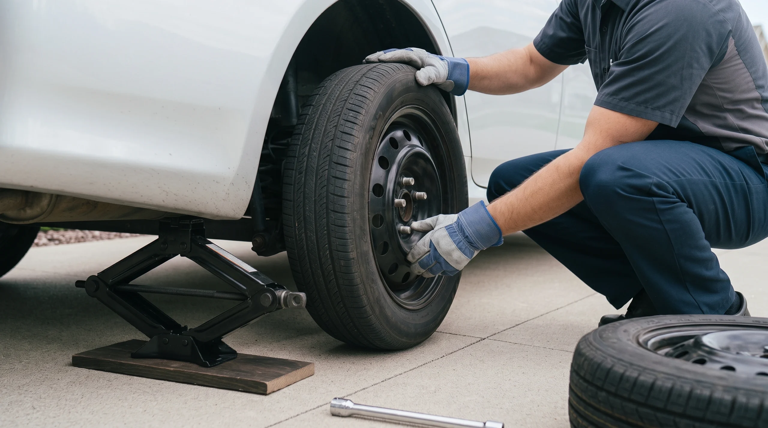 Lining the spare tire up with the wheel studs