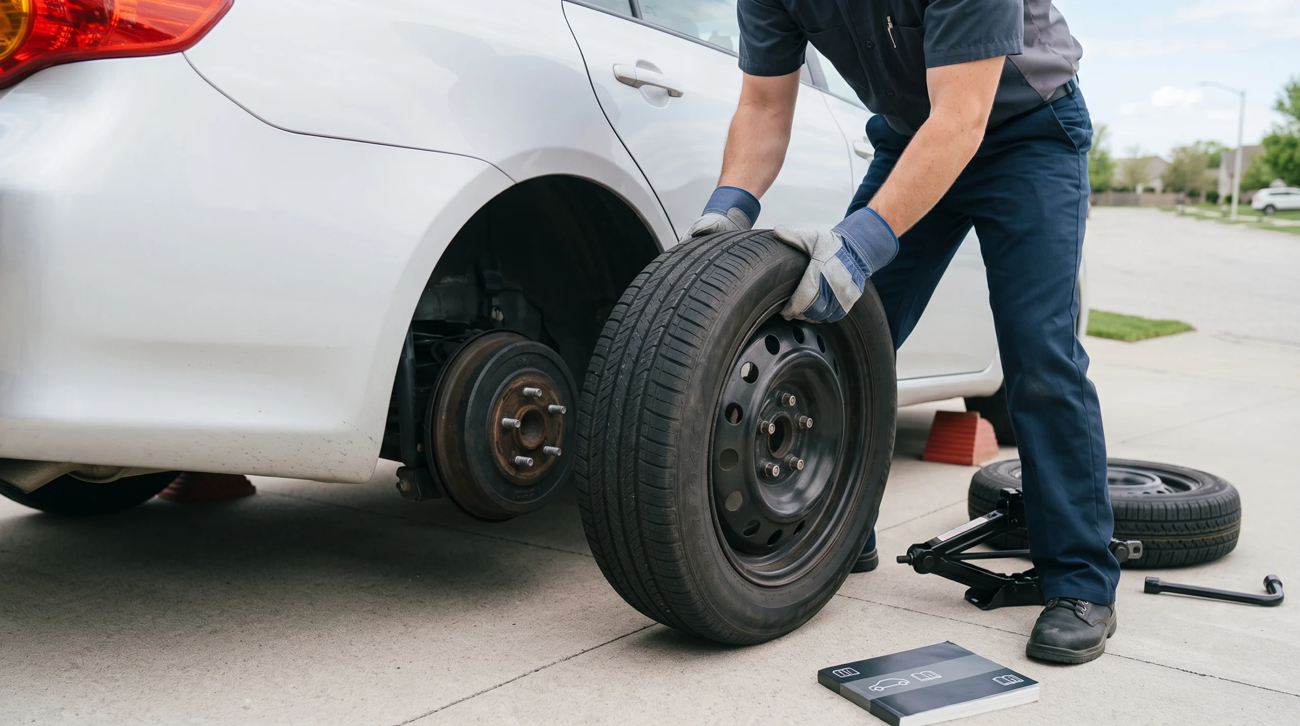 Pulling the flat tire off the wheel studs