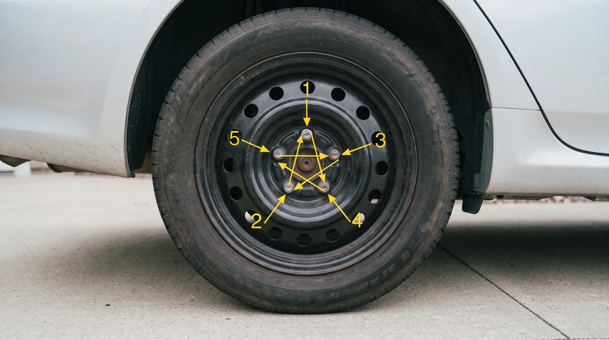 Five lug nuts on a steel spare wheel