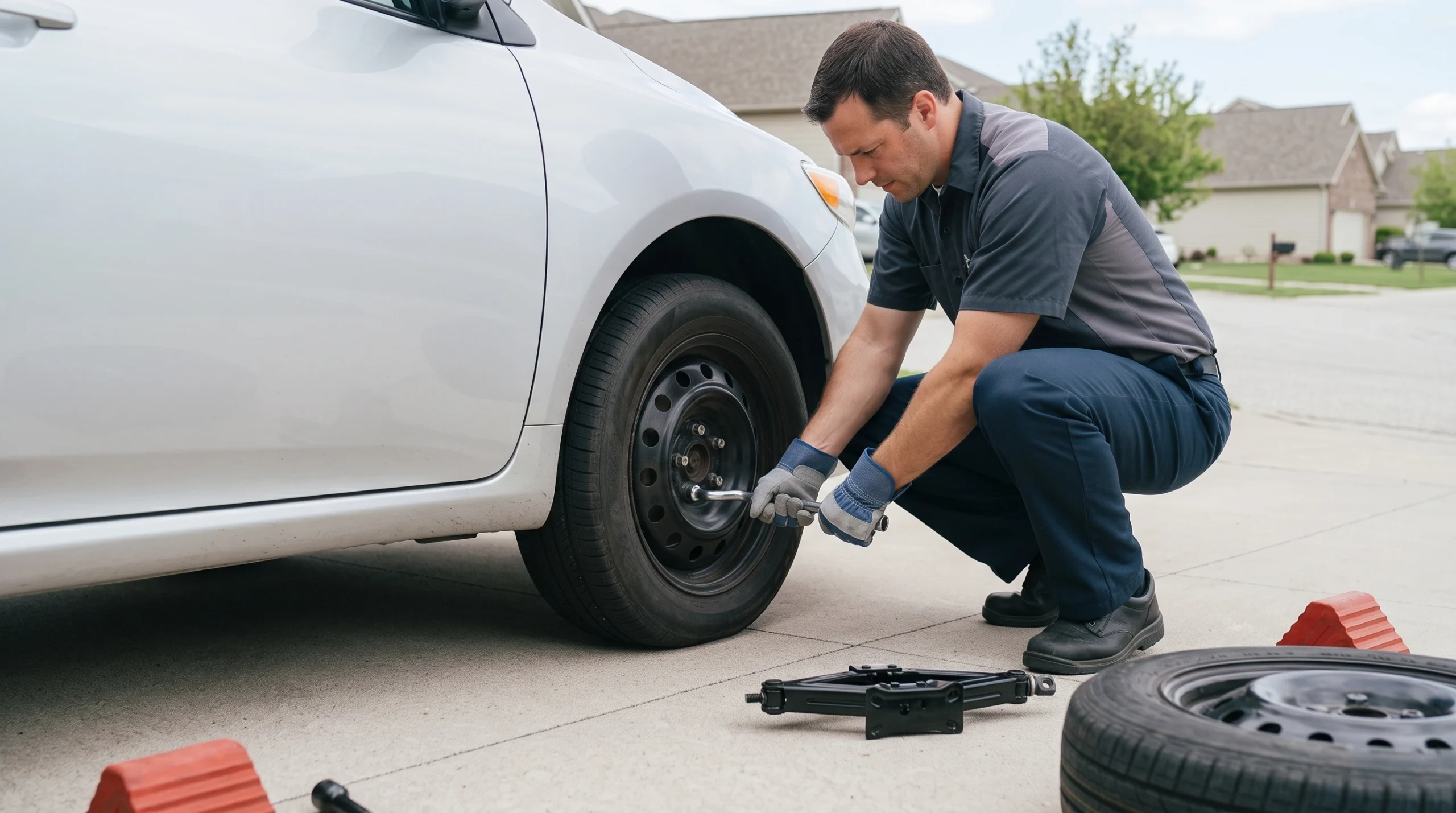 Tightening the spare lug nuts after the tire is back on the ground