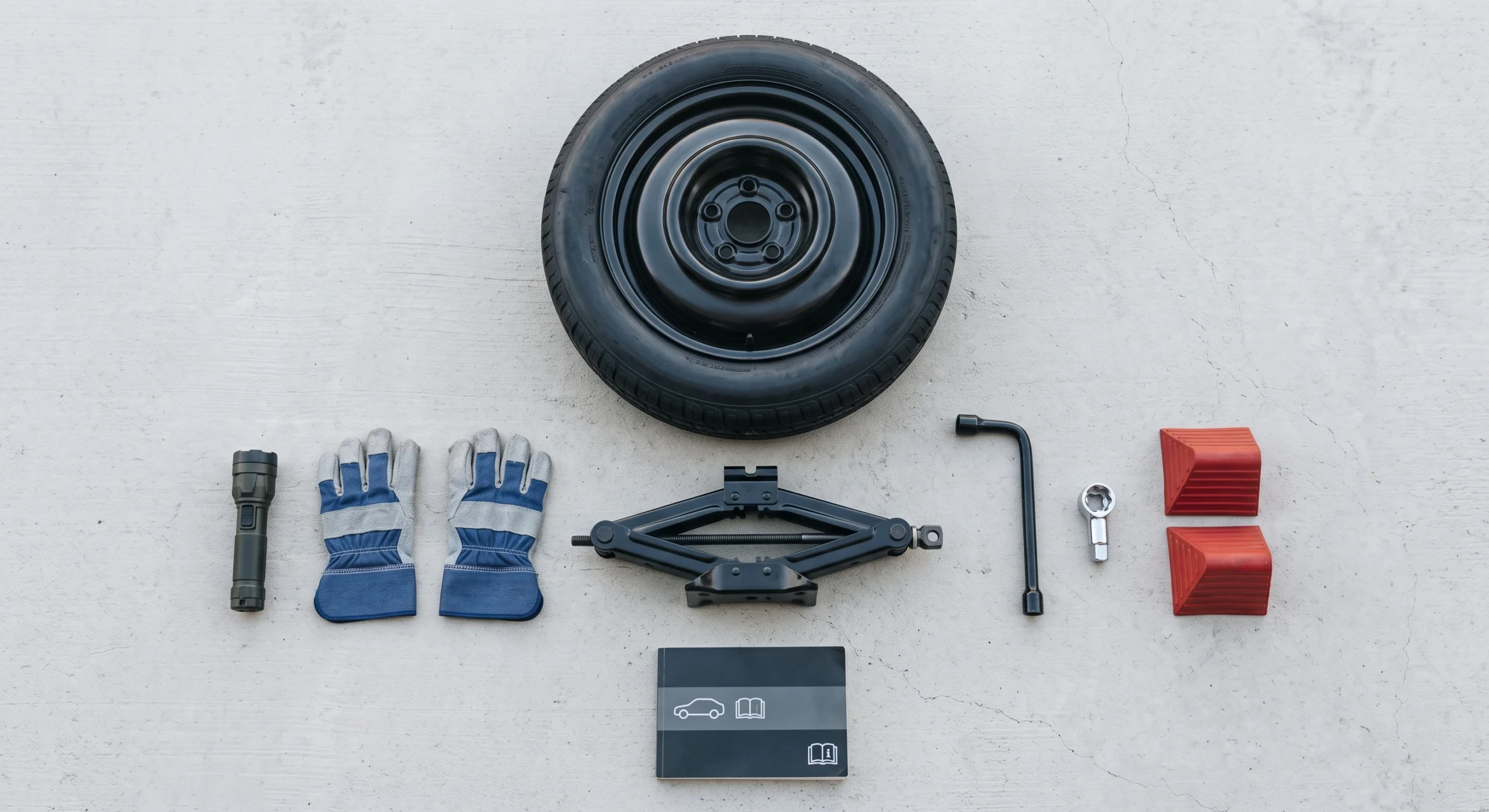 Spare tire, scissor jack, lug wrench, lock key, gloves, flashlight, and wheel wedges laid out on concrete